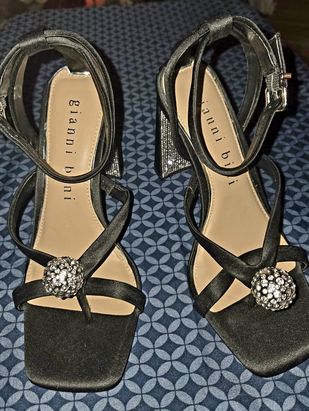 Gianni Bini Black Satin Crystal-Cluster Ankle-Strap Heels